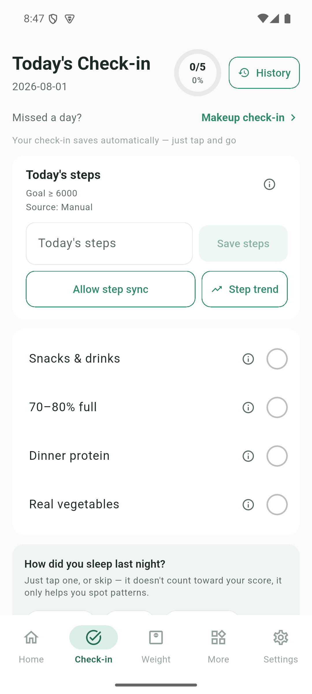Real screenshot of the LessBite daily check-in