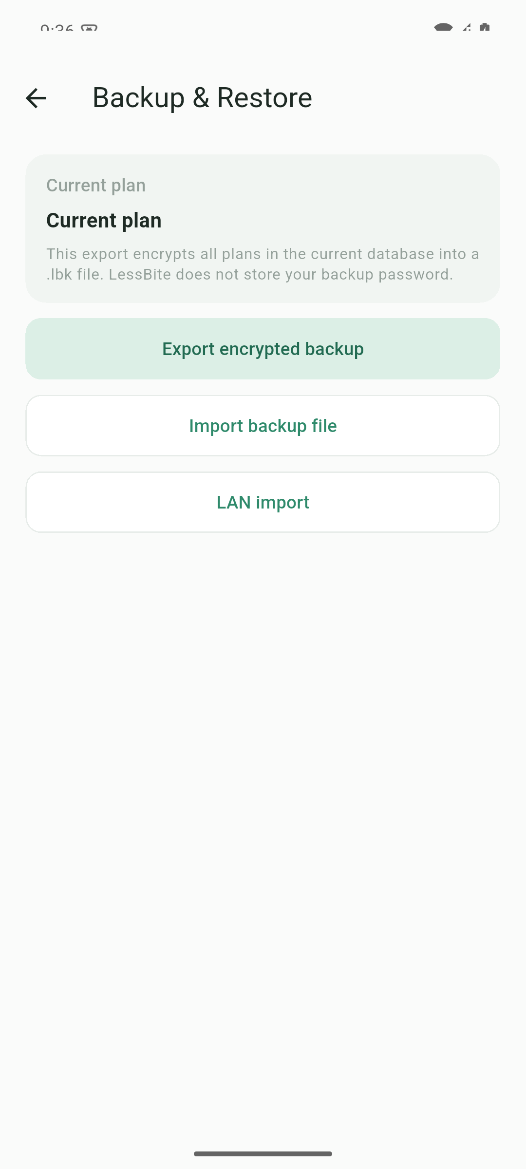 Real screenshot of LessBite backup and restore