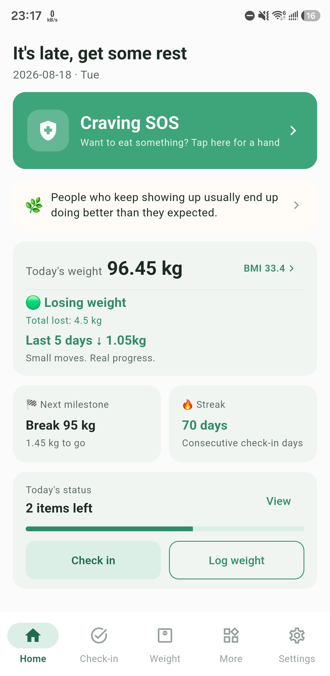 Real screenshot of the LessBite home screen
