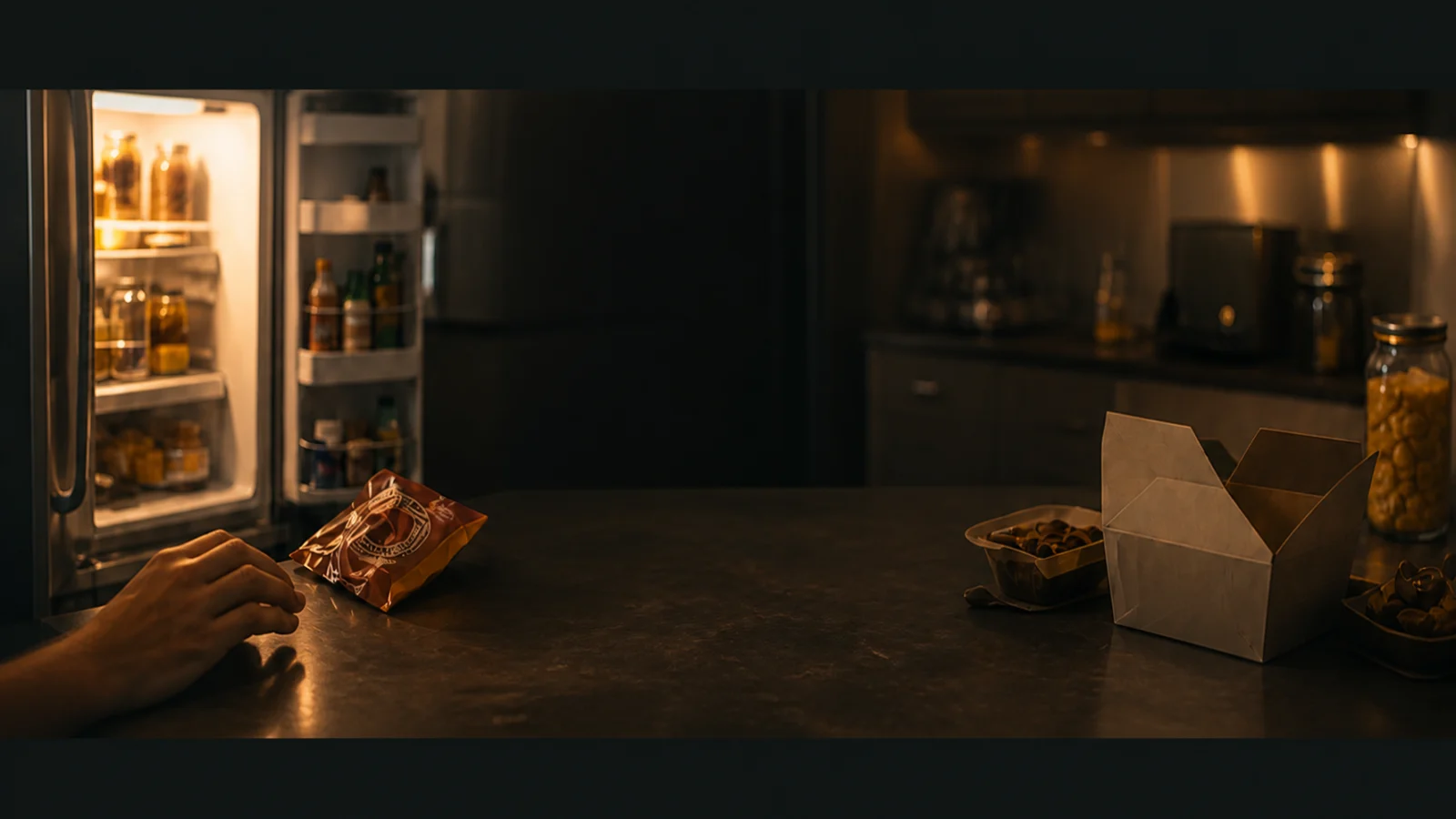 A half-open refrigerator lights a snack and takeaway carton during a difficult eating moment.