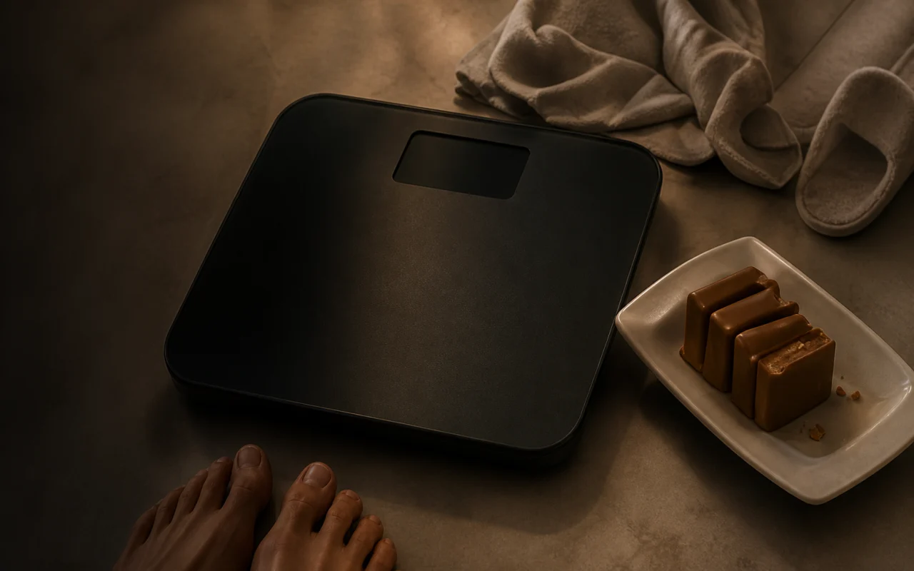A person steps away from a bathroom scale after seeing a fluctuating number.