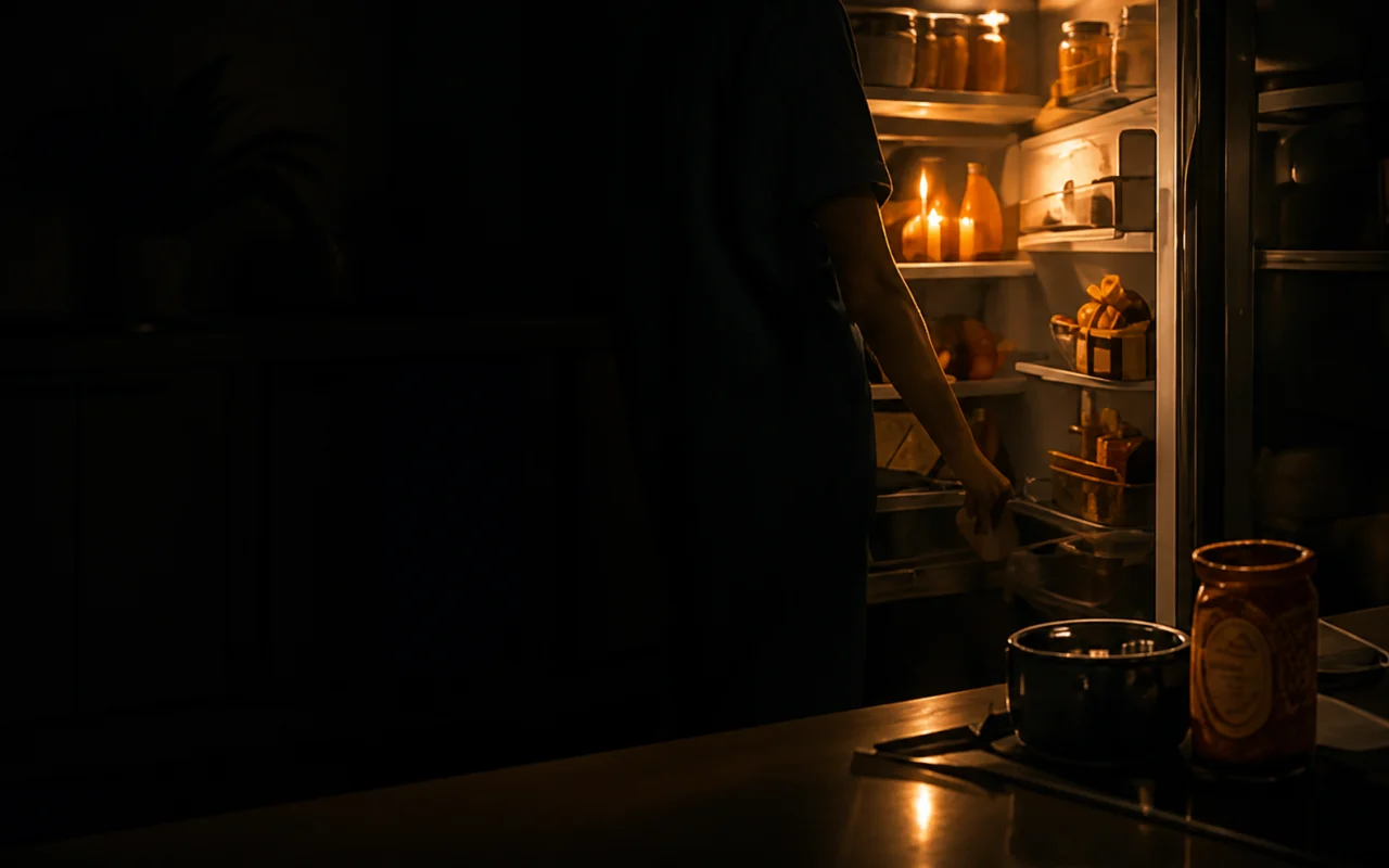 A hand pauses before taking a snack from a half-open refrigerator late at night.
