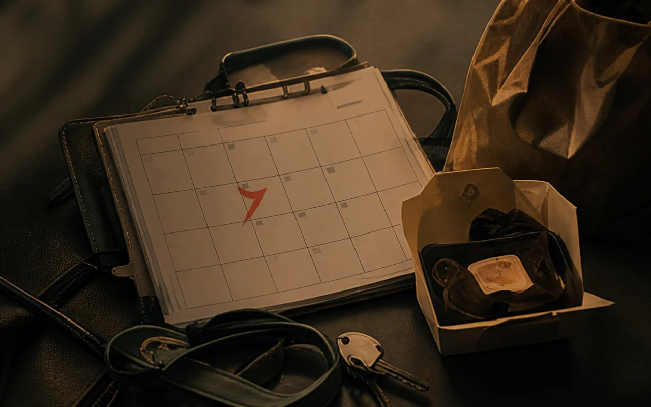 A rushed evening with an unfinished check-in, takeaway food, and a missed calendar day.