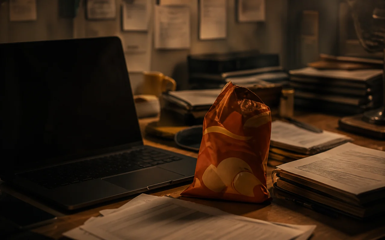 A hand reaches into a snack bag beside a laptop and a pile of unfinished work.